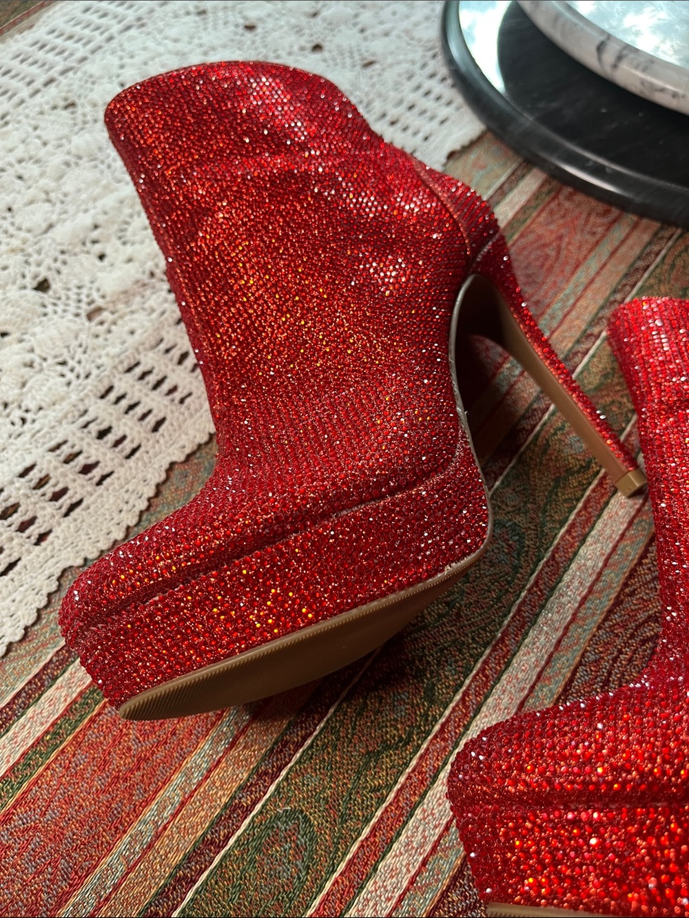 Thalia Sodi Chiara Red Crystal Embellished High Heel Ankle Boots 7